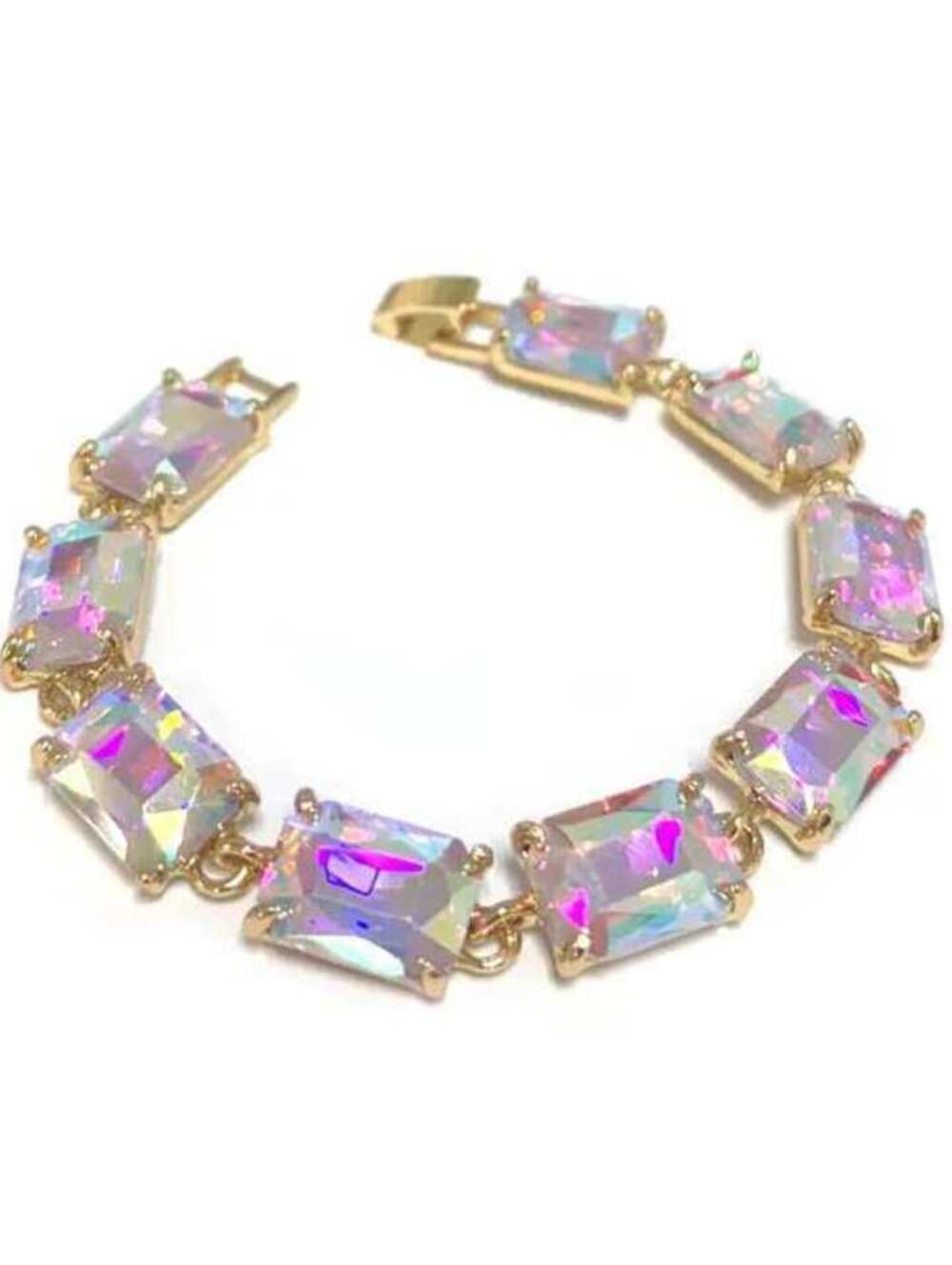 Emerald Cut Glass Crystal Linked Statement Gold Bracelet Gold AB Irodescent
